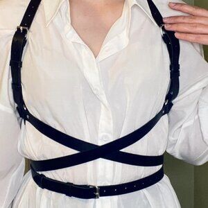 NEW Handmade Leather Adjustable Waist Belt Shoulder Harness Black Leather Sz. M